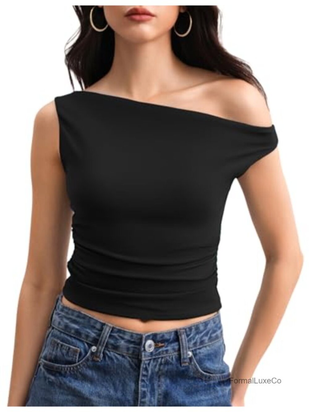 Off Shoulder Crop Tank Top Womens Sleeveless Asymmetrical Ruched Going Out Y2K